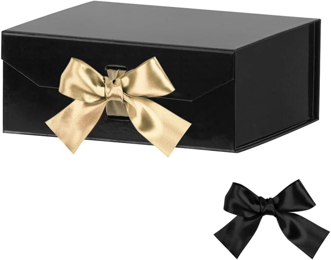 Black Gift Box 8 x 7 x 3.3 Inches – Luxury Collapsible Gift Box with Magnetic Lid & Ribbons, Small Present Box for Wedding, Groomsman, Birthday, Christmas (Glossy Black)